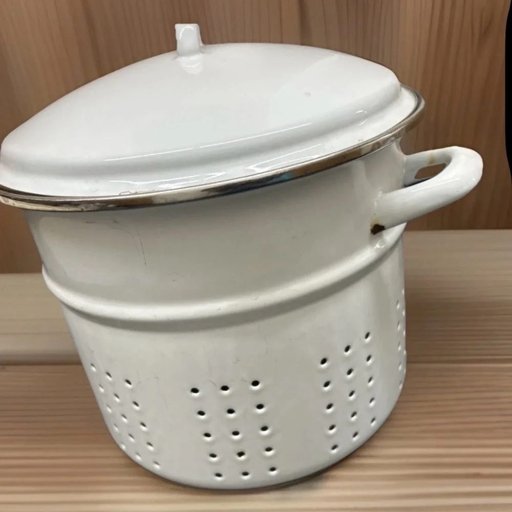 Vintage White Enamel Steamer Pot with Lid - Kitchen Cookware
